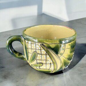 Vintage Mexico Pottery Talavera Large Oversize Coffee Mug Cup Green Glazed VTG